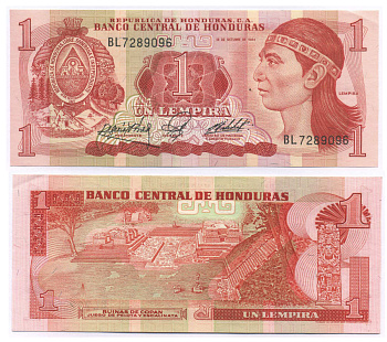 ГОНДУРАС 1 ЛЕМПИРА 1984 18 ОКТЯБРЯ 1984, РУИНЫ КОПАН, ОСТАТКИ ДРЕВНЕГО ГОРОДА ИНКОВ В ГОНДУРАСЕ Pick 68b бумага aUNC 8588-83-3-1