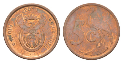 ЮАР 5 центов 2011 герб, райский журавль KM 500 сталь плакированная медью 4621-743