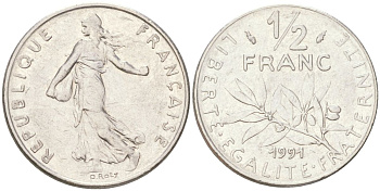 Франция 1/2 франка 1991 сеятель KM 931.1 никель 4613-856