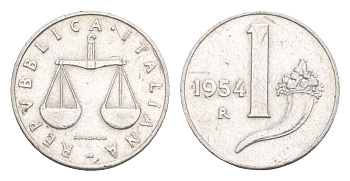 Италия 1 лира 1954 KM 91 алюминий 4644-933