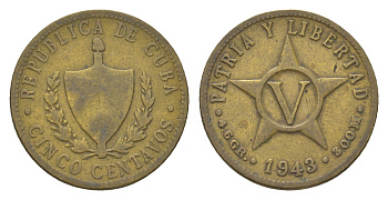 Куба 5 сентаво 1943 KM 11.3a латунь 4623-812