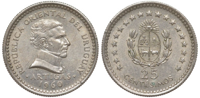 Уругвай 25 сентесимо 1960 KM 40 медно-никель 4532-235