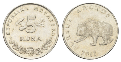Хорватия 5 кун 2012 бурый медведь, четный год KM 23 медь цинк никель    4660-427