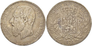 Бельгия 5 франков 1873 Леопольд II (1865-1909), позиция А KM 24 серебро 5010-934