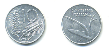 Италия 10 лир 1977 R, колосья, плуг KM 93 алюминий 3999-1251