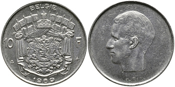 БЕЛЬГИЯ 10 ФРАНКОВ 1969 BELGIE, БОДУЭН I (1951-1993) KM 156.1 никель 97-834