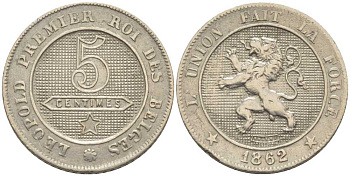 БЕЛЬГИЯ 5 САНТИМОВ 1862 BELGES, ЛЕОПОЛЬД III (1934-1950) KM 21 медно-никель 116-939