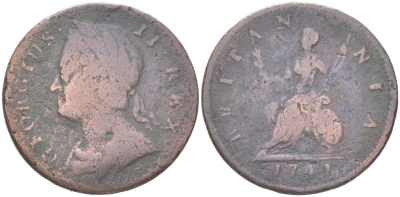 Великобритания 1 фартинг 1741 Георг II (1727-1760) KM 581.1, Spink 3721 медь 4613-346