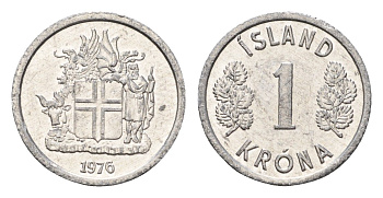 Исландия 1 крона 1976 KM 23 алюминий UNC 4687-762