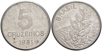 БРАЗИЛИЯ 5 КРУЗЕЙРО 1981 РЕФОРМА 1967-1985, КОФЕ KM 591 нержавеющая сталь 51-2442