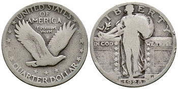 США 25 ЦЕНТОВ = КВОТЕР 1928 ШАГАЮЩАЯ СВОБОДА, ТИП 2 KM 145 серебро 176-955