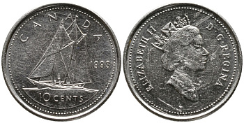 КАНАДА 10 ЦЕНТОВ 1993 ЕЛИЗАВЕТА II (1952-), ПАРУСНИК, ТРЕТИЙ ПОРТРЕТ В КОРОНЕ KM 183 никель 4532-841