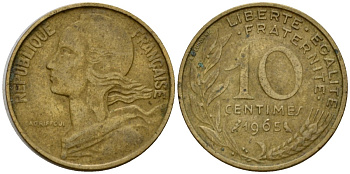 Франция 10 сантимов 1965 тип Marianne KM 929 алюминиевая бронза 92-541