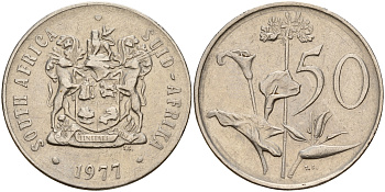 ЮАР 50 центов 1977 Зантедеския Эллиота (калла), герб KM 87 никель    4599-444