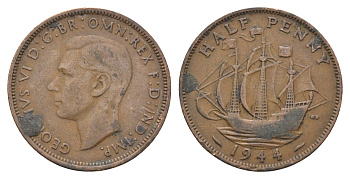 Великобритания 1/2 пенни 1944 Георг VI (1936-1952) KM 844, Spink 4115 бронза 4662-1111