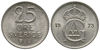Швеция 25 эре 1973 U, Густав VI Адольф (1950-1973) KM 836 медно-никель 3458-153