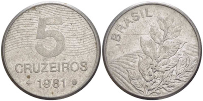 БРАЗИЛИЯ 5 КРУЗЕЙРО 1981 РЕФОРМА 1967-1985, КОФЕ KM 591 нержавеющая сталь 51-2442