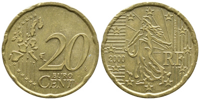 Франция 20 евроцентов 2000 KM 1286 латунь 36-1037