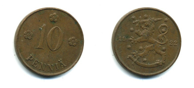 Финляндия 10 пенни 1922 республика (1918-1962) KM 24 медь 46-556