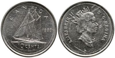 КАНАДА 10 ЦЕНТОВ 1993 ЕЛИЗАВЕТА II (1952-), ПАРУСНИК, ТРЕТИЙ ПОРТРЕТ В КОРОНЕ KM 183 никель 4532-841