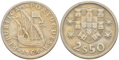 Португалия 2,5 эскудо 1964 парусник KM 590 медно-никель 4523-1045