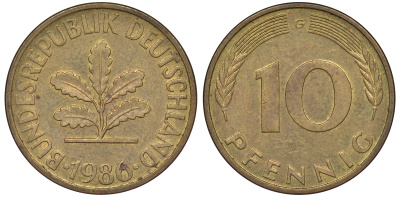 ФРГ 10 пфеннигов 1986 G KM 108, J 383 сталь плакированная латунью 25-1814