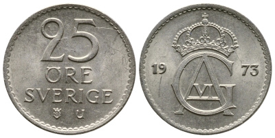 Швеция 25 эре 1973 U, Густав VI Адольф (1950-1973) KM 836 медно-никель 3458-153
