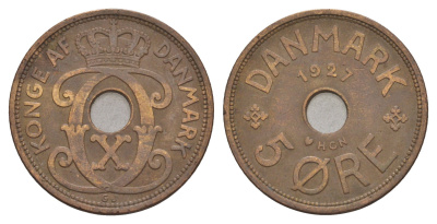 Дания 5 эре 1927 HCN, Кристиан X (1912-1947) KM 828 бронза 4657-224