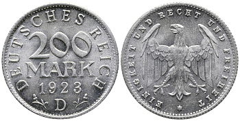 ГЕРМАНИЯ 200 МАРОК 1923 D KM 35, J. 304 алюминий UNC 24-834