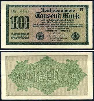 Германия 1000 марок 1922 выпуск 15 сентября 1922, водяной знак G, белая бумага, серия PL, буква Hh Pick 76 e (1) бумага 8592-31-1-2
