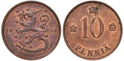 Финляндия 10 пенни 1938 KM 24 медь 51-3045