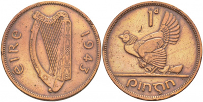 ИРЛАНДИЯ 1 ПЕННИ 1943 КУРИЦА С ЦЫПЛЯТАМИ KM 11 бронза 3457-231