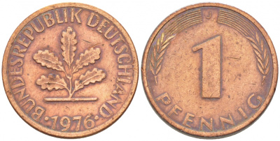 ФРГ 1 ПФЕННИГ 1976 J KM105, J.380 сталь плакированная медью 4396-1526