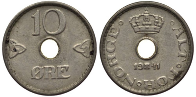 Норвегия 10 эре 1941 Хокон VII (1905-1957) KM 383 медно-никель 4549-949