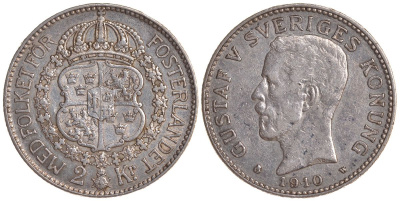 Швеция 2 кроны 1910 W, Густав V (1907-1950) KM 787 серебро 4178-1246