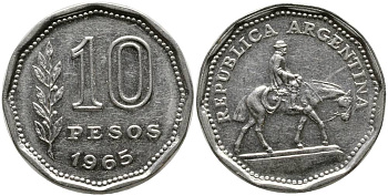Аргентина 10 песо 1965 Гаучо KM 60 никелированная сталь 4525-945