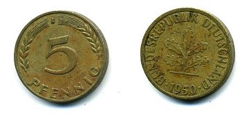 ФРГ 5 ПФЕННИГОВ 1950 J KM 107, J.382 сталь плакированная латунью 46-229