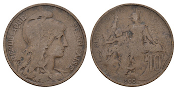 Франция 10 сантимов 1900 тип Даниэль Дюпюи KM 843, LA FRANC 136.9 бронза 4683-241