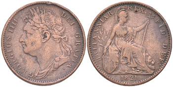 Великобритания 1 фартинг 1821 Георг IV (1820-1830) KM 677, Spink 3822 медь 4613-353