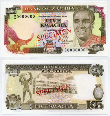 Замбия 5 квач ND (1989) Кеннет Каунда, лев. Образец, Specimen Pick 30s бумага UNC (пресс) 451-337-2