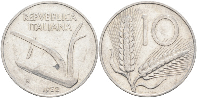 Италия 10 лир 1952 R, плуг KM 93 алюминий    4595-144