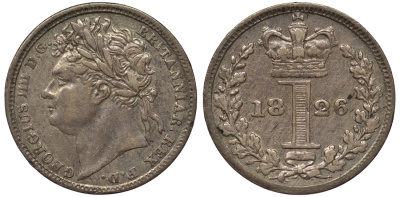 Великобритания 1 пенни 1826 Георг IV (1820-1830) KM 683, Spink 3821 серебро 1524-412