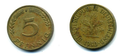 ФРГ 5 ПФЕННИГОВ 1950 J KM 107, J.382 сталь плакированная латунью 46-229