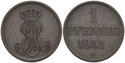 Ганновер 1 пфенниг 1851 B, Эрнст Август (1837-1851) KM 201.1, AKS 129, J. 74 медь 4608-1116