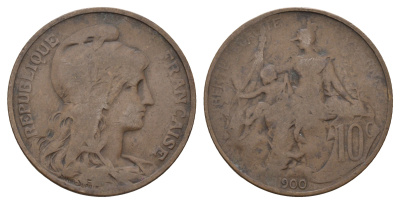 Франция 10 сантимов 1900 тип Даниэль Дюпюи KM 843, LA FRANC 136.9 бронза 4683-241