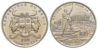 Бенин 200 франков 1995 50 лет ООН KM 16 медно-никель UNC 5010-1045