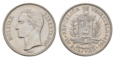 Венесуэла 1 боливар 1967 Симон Боливар, год-тип Y 42 никель aUNC 4116-212