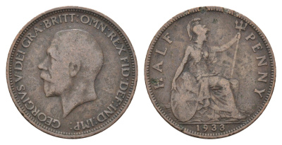 Великобритания 1/2 пенни 1933 Георг V (1910-1936) KM 837, Spink 4058 бронза    4660-554