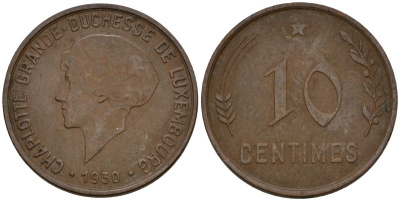 Люксембург 10 сантимов 1930 Шарлотта (1918-1964) KM 41 бронза 4577-631