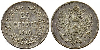 Россия для Финляндии 25 пенни 1916 S, Николай II (1894-1917) KM 6.2, Биткин 421 серебро 633-143